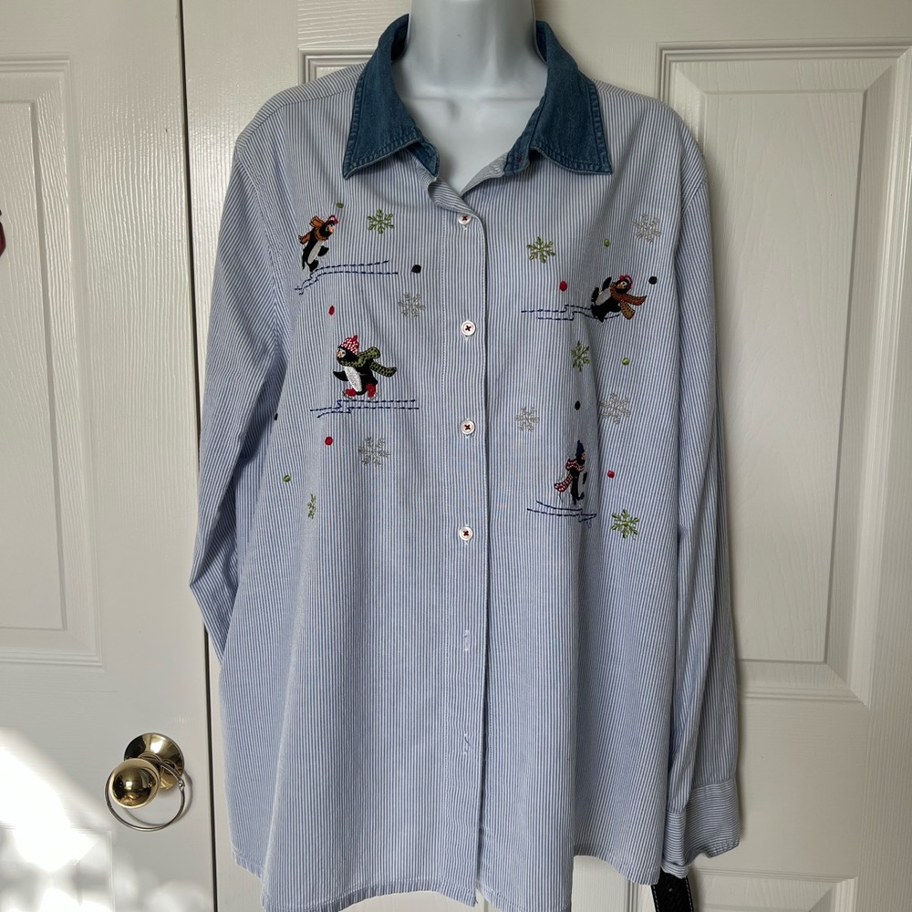 Striped Button-Up Shirt with Embroidered Penguins